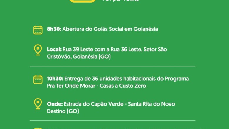 Daniel Vilela cumpre agenda no interior nesta terça: Goiás Social, 36 casas a custo zero, R$ 100 mi no HEJA e 36 km de rodovia