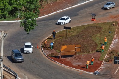 Rotatória próxima ao Hugol ganha novo paisagismo com árvores, flores e gramado